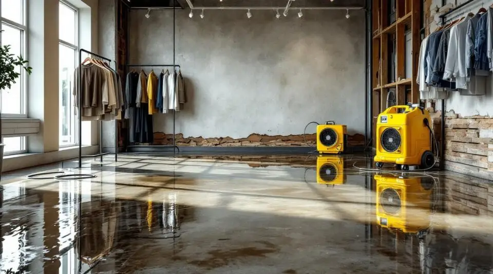 Panoramic view of a commercial retail space undergoing water damage restoration