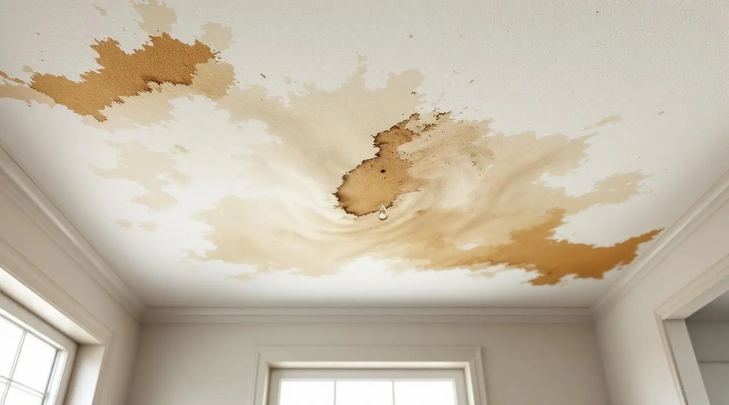 A professional restoration expert using moisture detection tools on a water-stained ceiling in a Fargo residence to evaluate the need for Ceiling Water Damage Repair.