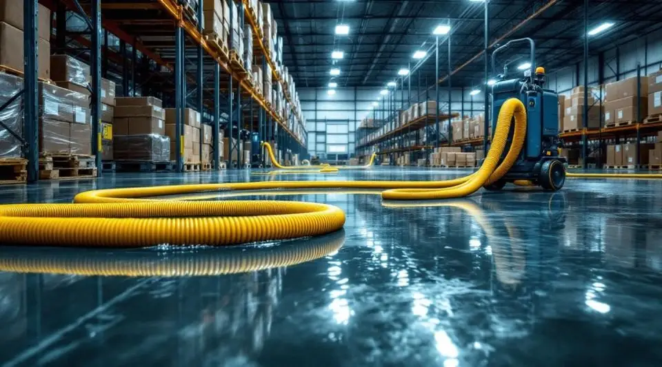 Wide shot of a flooded warehouse floor being cleared by professional restoration experts.