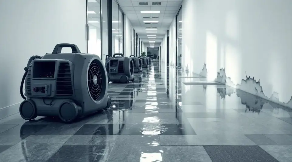 A modern Fargo office building interior undergoing professional water damage restoration and cleanup.